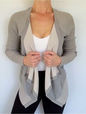 CAbi sage green and beige cotton draped front waterfall cardigan sweater size XS